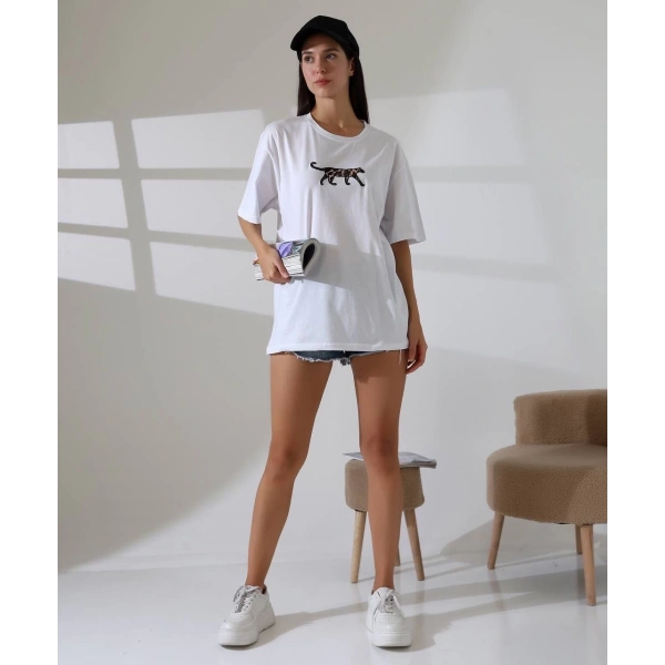 Kaplan nakış işlemeli Oversize tişört