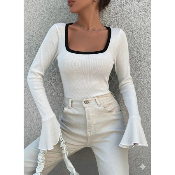 Kare yaka garni detay ispanyol kol bluz beyaz a3105