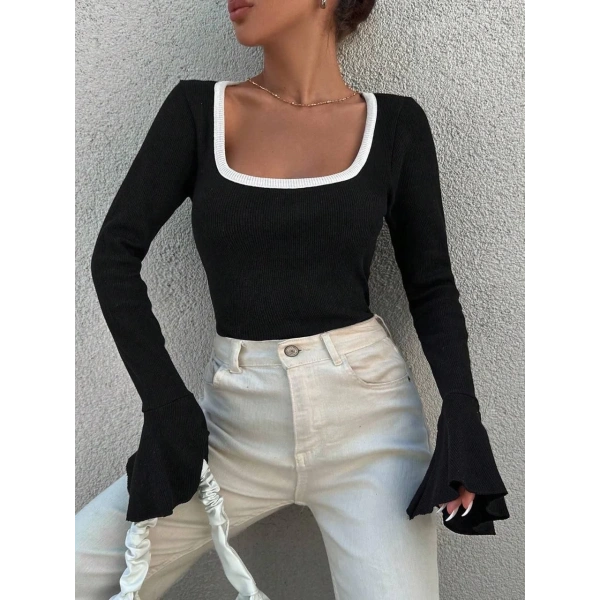 Kare yaka garni detay ispanyol kol bluz siyah a3105