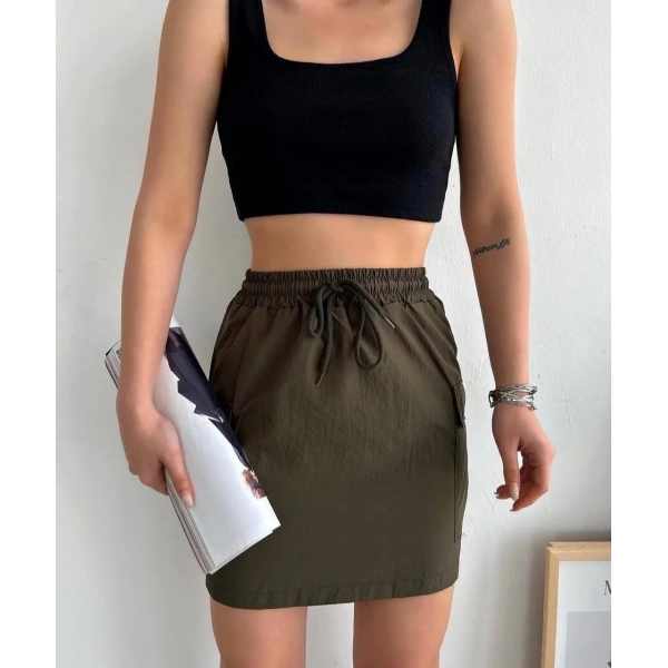 Kargo cep ince paraşüt etek haki s241019