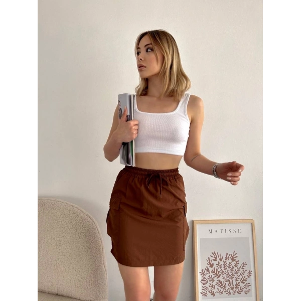 Kargo cep ince paraşüt etek kahve s241019