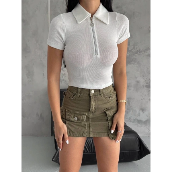 kaşkorse yaka fermuarlı bluz beyaz