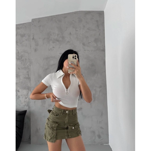 kaşkorse yaka fermuarlı bluz beyaz