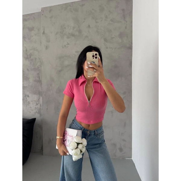 kaşkorse yaka fermuarlı bluz fuşya