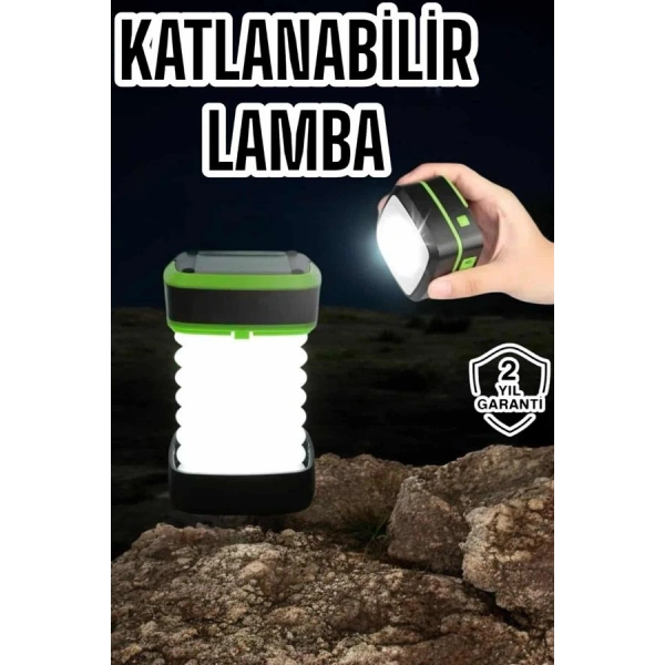 Katlanabilir Kamp Lambası Solar Fener Görünümlü 3 Kademeli Şarjlı