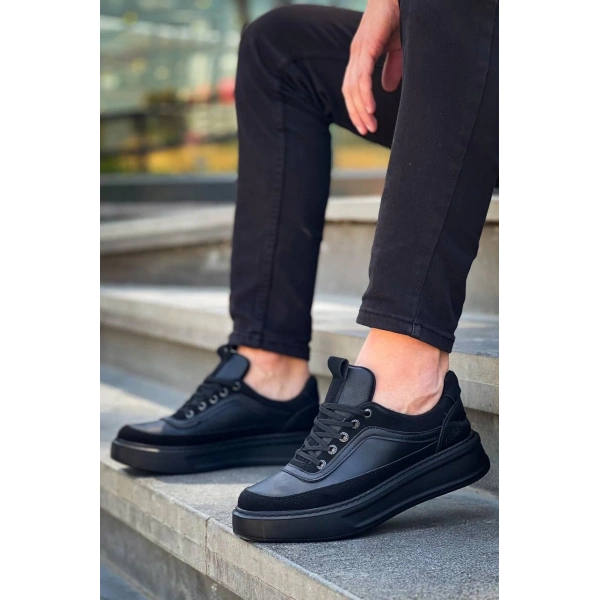 KB-006 Kuback Siyah Cilt Siyah Yüksek Taban Bağcıklı Günlük Erkek Ayakkabı