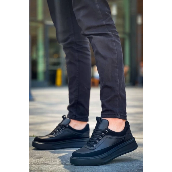 KB-006 Kuback Siyah Cilt Siyah Yüksek Taban Bağcıklı Günlük Erkek Ayakkabı