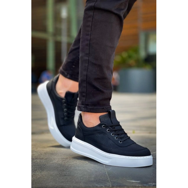 KB-006 Kuback Siyah Cilt Yüksek Taban Bağcıklı Günlük Erkek Ayakkabı