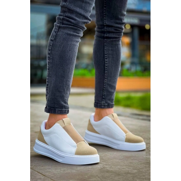 KB-007  Kuback  Beyaz Bej Yüksek Taban Tek Bant Bağcıksız Günlük Erkek Ayakkabı