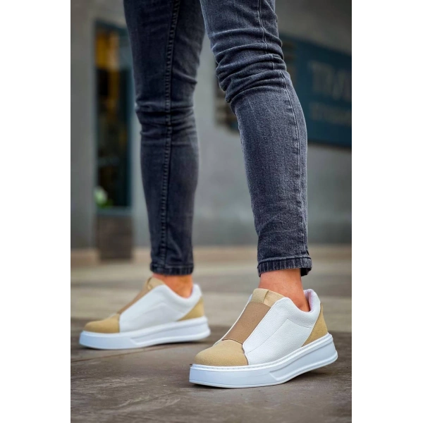 KB-007  Kuback  Beyaz Bej Yüksek Taban Tek Bant Bağcıksız Günlük Erkek Ayakkabı