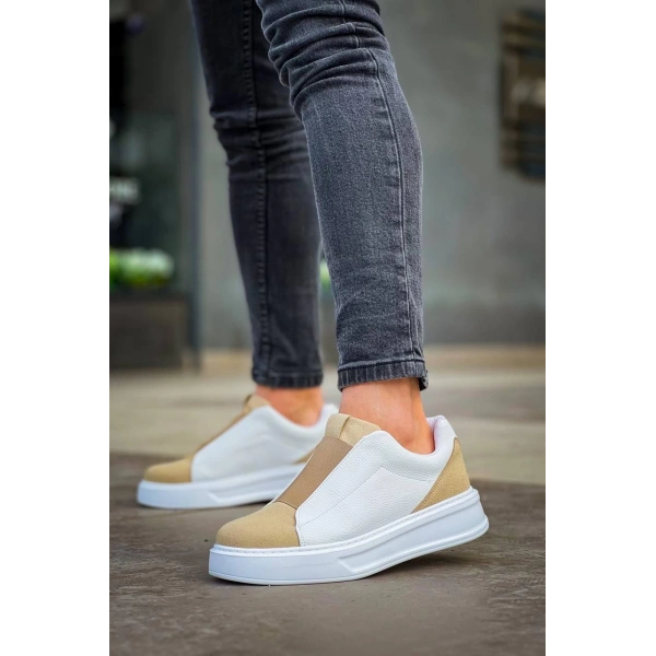 KB-007  Kuback  Beyaz Bej Yüksek Taban Tek Bant Bağcıksız Günlük Erkek Ayakkabı