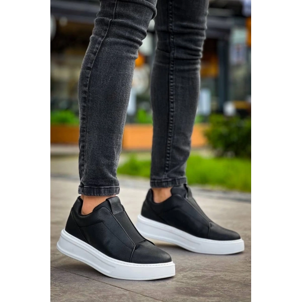 KB-007  Kuback Siyah Beyaz Yüksek Taban Tek Bant Bağcıksız Günlük Erkek Ayakkabı