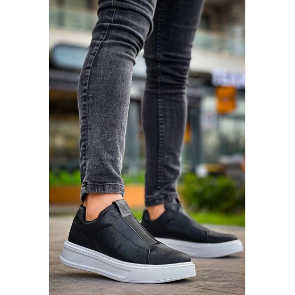 KB-007  Kuback Siyah Beyaz Yüksek Taban Tek Bant Bağcıksız Günlük Erkek Ayakkabı