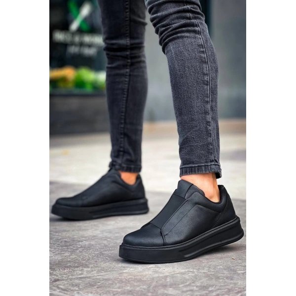 KB-007  Kuback Siyah Siyah Yüksek Taban Tek Bant Bağcıksız Günlük Erkek Ayakkabı