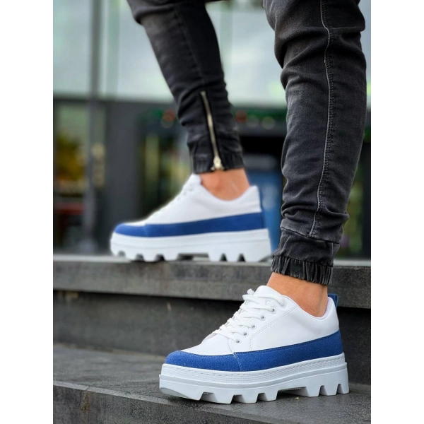 KB-056 Kuback Beyaz Mavi Detaylı Beyaz Yüksek Taban Günlük Spor Ayakkabı