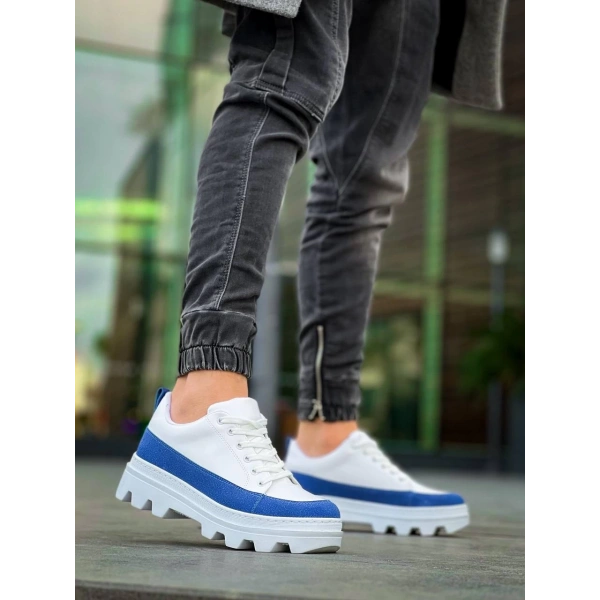 KB-056 Kuback Beyaz Mavi Detaylı Beyaz Yüksek Taban Günlük Spor Ayakkabı