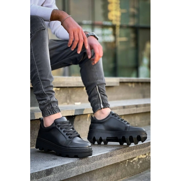 KB-056 Kuback Siyah Cilt Siyah Yüksek Taban Günlük Spor Ayakkabı