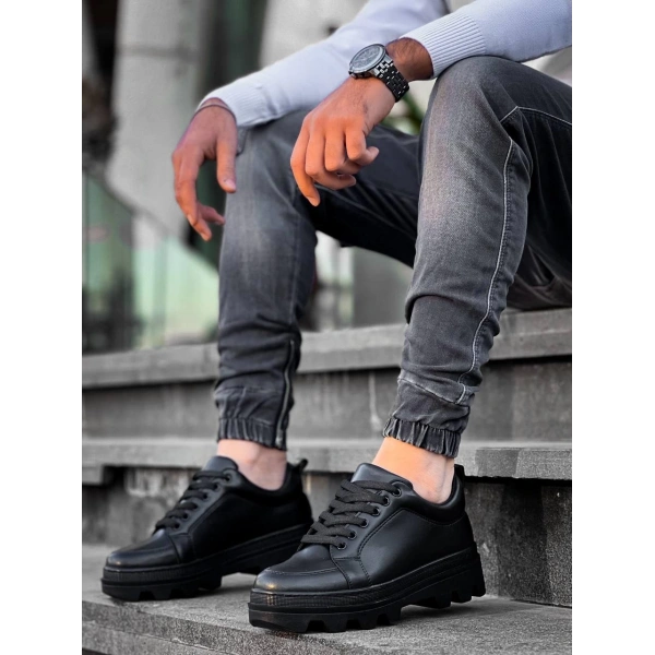 KB-056 Kuback Siyah Cilt Siyah Yüksek Taban Günlük Spor Ayakkabı