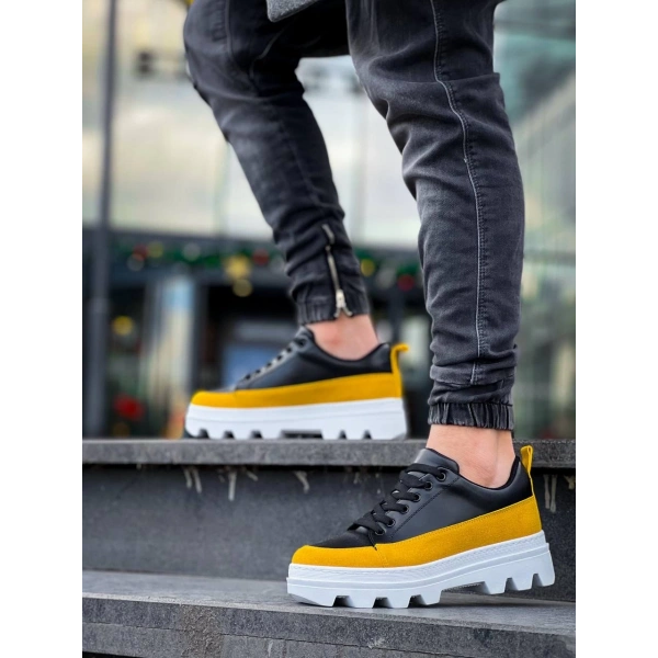 KB-056 Kuback Siyah Sarı Detaylı Beyaz Yüksek Taban Günlük Spor Ayakkabı