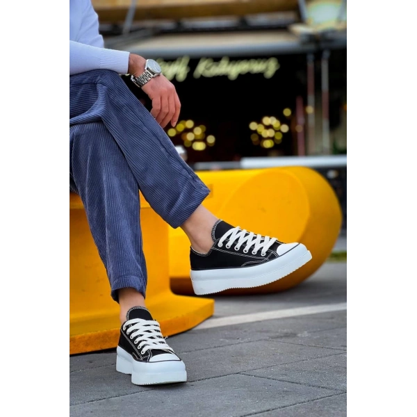 KB-CX-3 Kuback Kısa Siyah Keten Beyaz Yüksek Taban Spor Ayakkabı