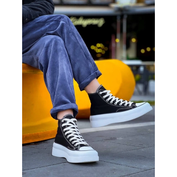 KB-CX-3 Kuback Uzun Siyah Keten Beyaz Yüksek Taban Spor Ayakkabı