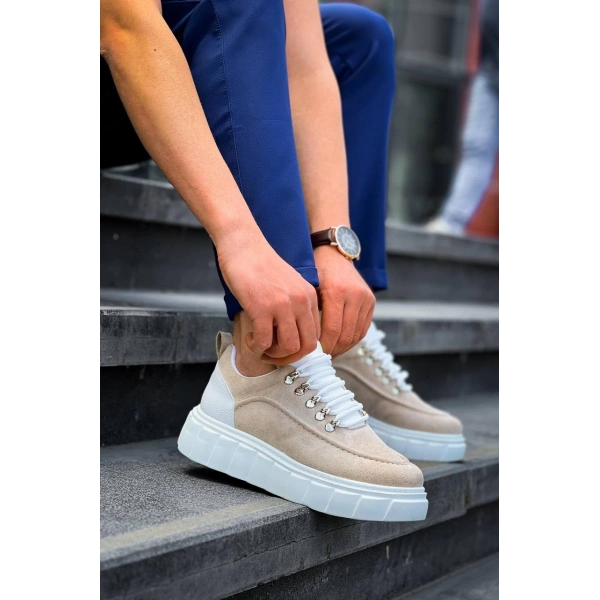 KB-X10 Kuback Bej Süet Beyaz Yüksek Taban Günlük Spor Ayakkabı