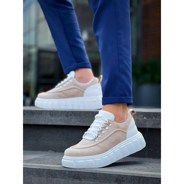 KB-X10 Kuback Bej Süet Beyaz Yüksek Taban Günlük Spor Ayakkabı