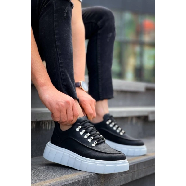 KB-X10 Kuback Siyah Cilt  Beyaz Yüksek Taban Günlük Spor Ayakkabı