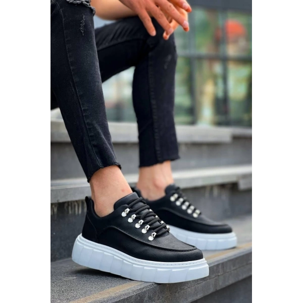 KB-X10 Kuback Siyah Cilt  Beyaz Yüksek Taban Günlük Spor Ayakkabı