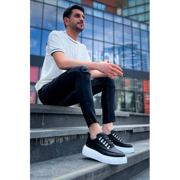 KB-X10 Kuback Siyah Cilt  Beyaz Yüksek Taban Günlük Spor Ayakkabı