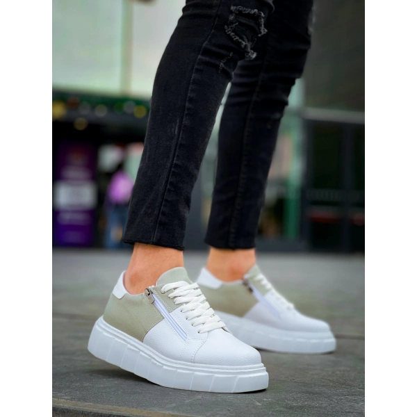 KB-X155 Kuback Beyaz Cilt Gri Süet Detaylı Beyaz Yüksek Taban Günlük Spor Ayakkabı