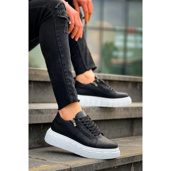 KB-X155 Kuback Siyah Cilt Detaylı Beyaz Yüksek Taban Günlük Spor Ayakkabı