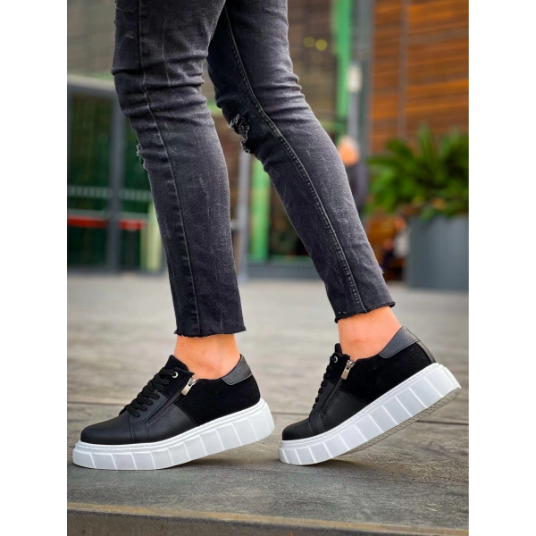 KB-X155 Kuback Siyah Cilt Siyah Süet Detaylı Beyaz Yüksek Taban Günlük Spor Ayakkabı