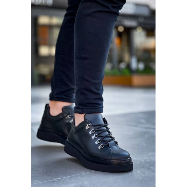 KB-X4  Kuback Siyah Cilt Siyah Yüksek Taban Bağcıklı Günlük Erkek Ayakkabı