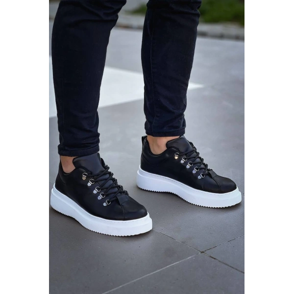 KB-X4  Kuback Siyah Cilt Yüksek Taban Bağcıklı Günlük Erkek Ayakkabı