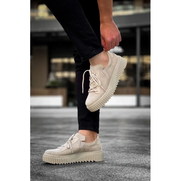 KB-X502  Kuback Bej Süet Yüksek Bej Taban Bağcık Detaylı Lastikli Günlük Erkek Ayakkabı