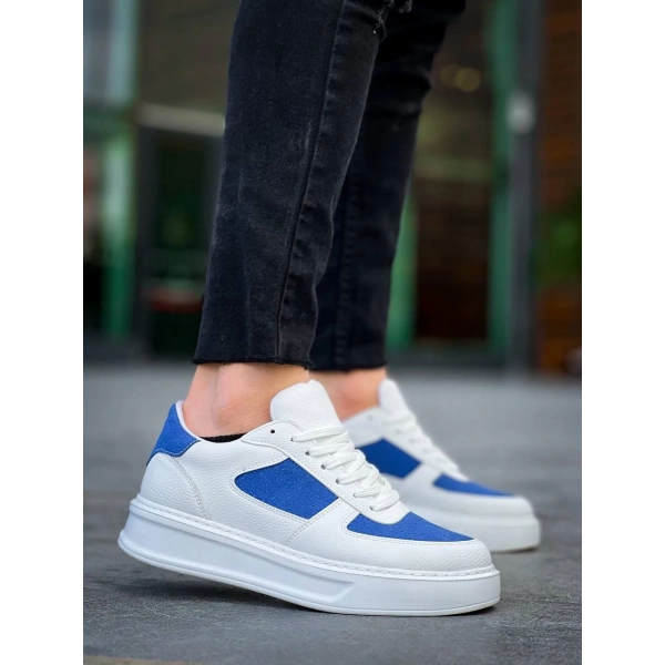 KB-X8 Kuback Beyaz Cilt Mavi Süet Detaylı Beyaz Yüksek Taban Günlük Spor Ayakkabı
