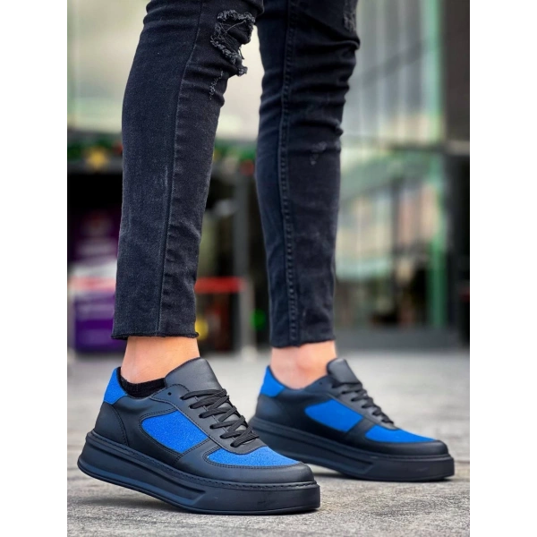 KB-X8 Kuback Siyah Cilt Mavi Süet Detaylı Siyah Yüksek Taban Günlük Spor Ayakkabı