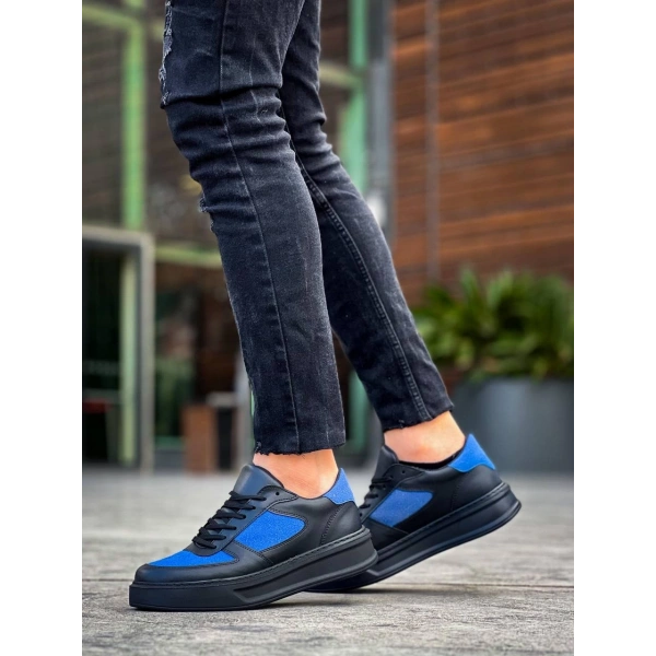 KB-X8 Kuback Siyah Cilt Mavi Süet Detaylı Siyah Yüksek Taban Günlük Spor Ayakkabı