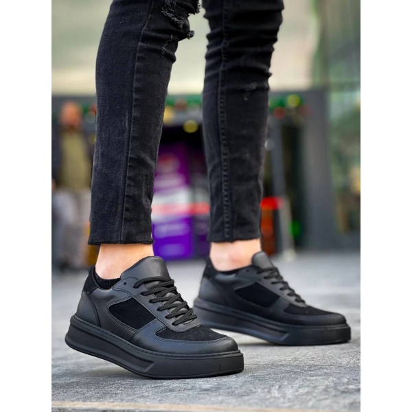 KB-X8 Kuback Siyah Cilt Siyah Süet  Detaylı Siyah Yüksek Taban Günlük Spor Ayakkabı