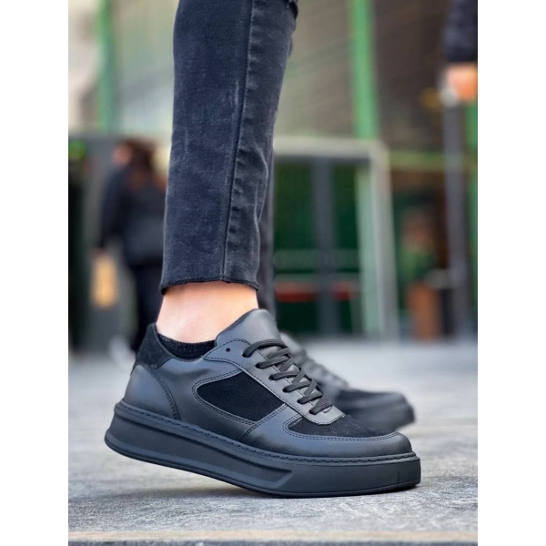 KB-X8 Kuback Siyah Cilt Siyah Süet  Detaylı Siyah Yüksek Taban Günlük Spor Ayakkabı