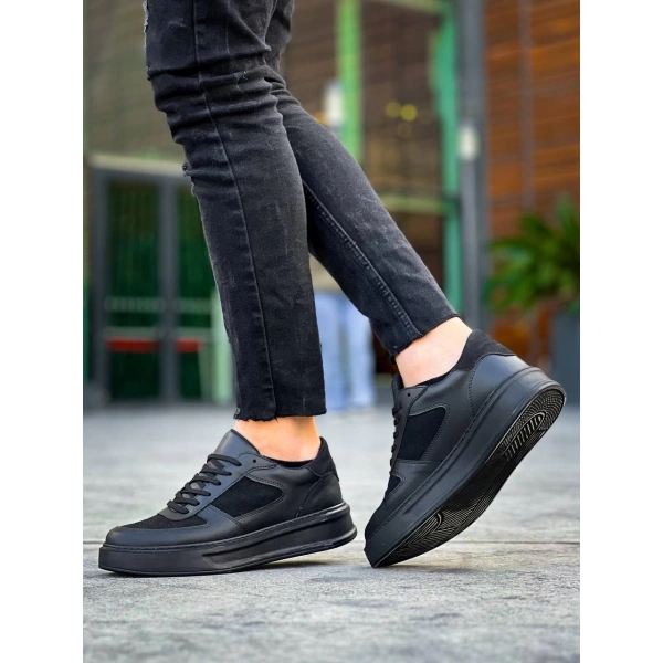 KB-X8 Kuback Siyah Cilt Siyah Süet  Detaylı Siyah Yüksek Taban Günlük Spor Ayakkabı