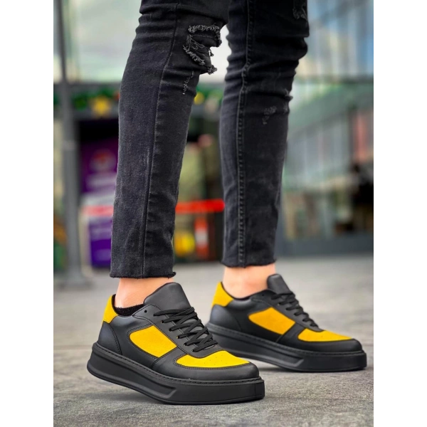 KB-X8 Kuback Siyah Sarı Cilt Yüksek Taban Günlük Spor Ayakkabı