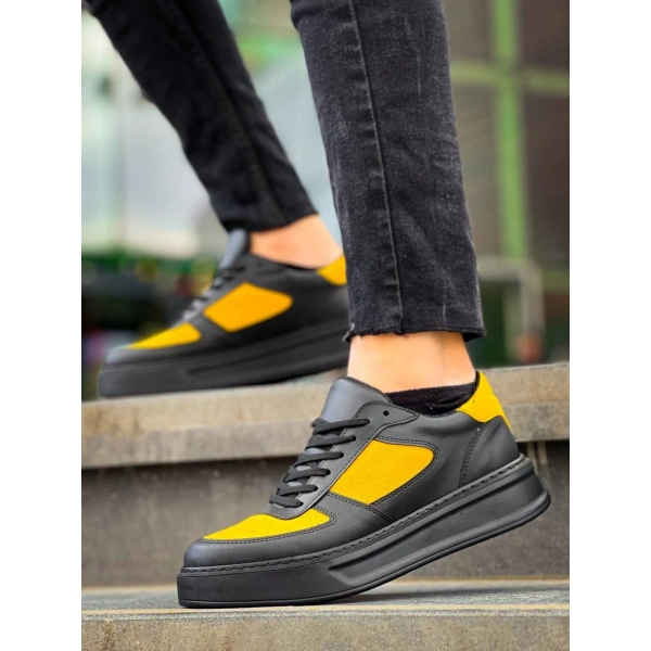 KB-X8 Kuback Siyah Sarı Cilt Yüksek Taban Günlük Spor Ayakkabı