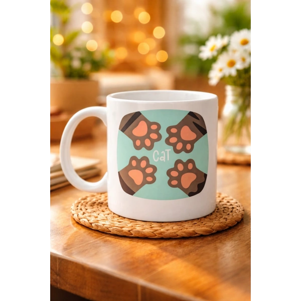 Kedi Patili Sevimli Tasarım Porselen Kupa MODEL 71 – Cat Yazılı, Kahve & Çay Kupası – Hayvanseverlere Özel Hediye