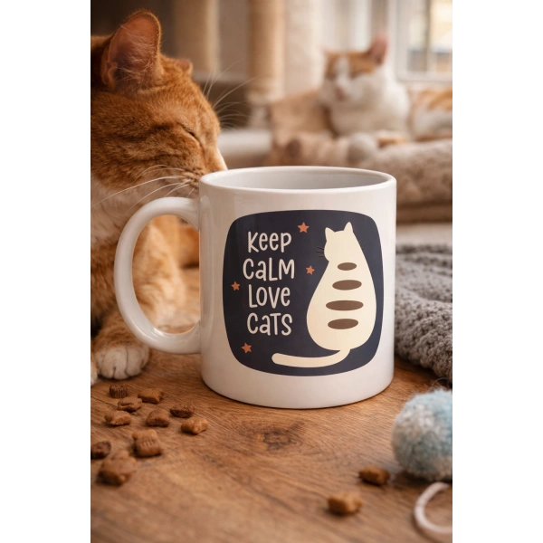 Keep Calm Love Cats Kedi Temalı Porselen Kupa MODEL 56 – Sevimli Tasarım , Kahve & Çay Kupası
