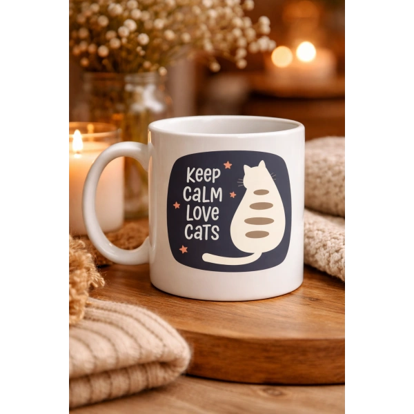 Keep Calm Love Cats Kedi Temalı Porselen Kupa MODEL 56 – Sevimli Tasarım , Kahve & Çay Kupası