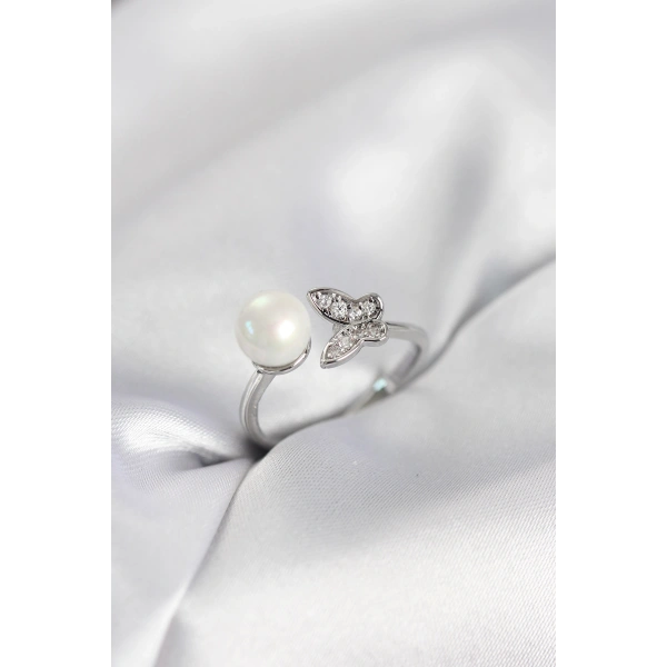 Kelebek İncili Model Gümüş Renk Zirkon Taşlı Kadın Yüzük