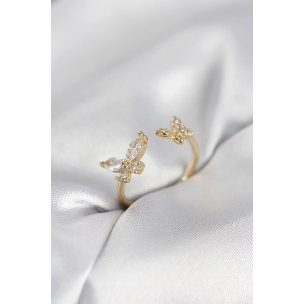 Kelebek Model Zirkon Taşlı Gold Renk Kadın Yüzük