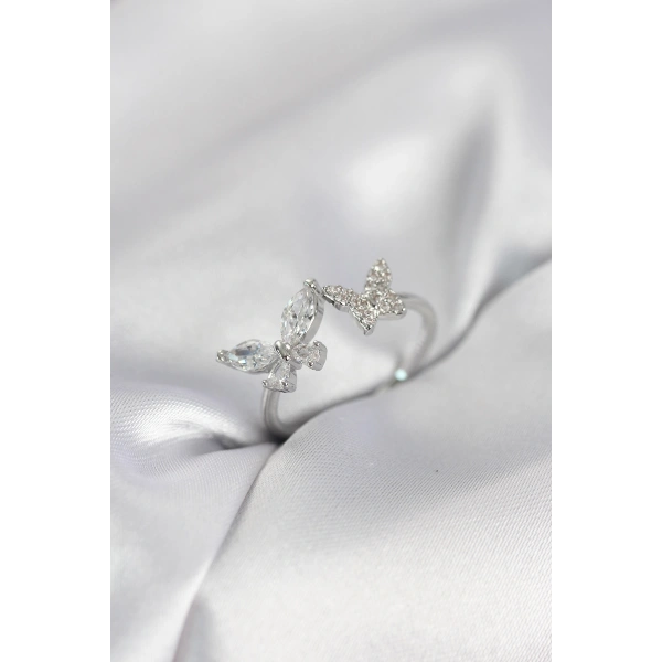 Kelebek Model Zirkon Taşlı Gümüş Renk Kadın Yüzük